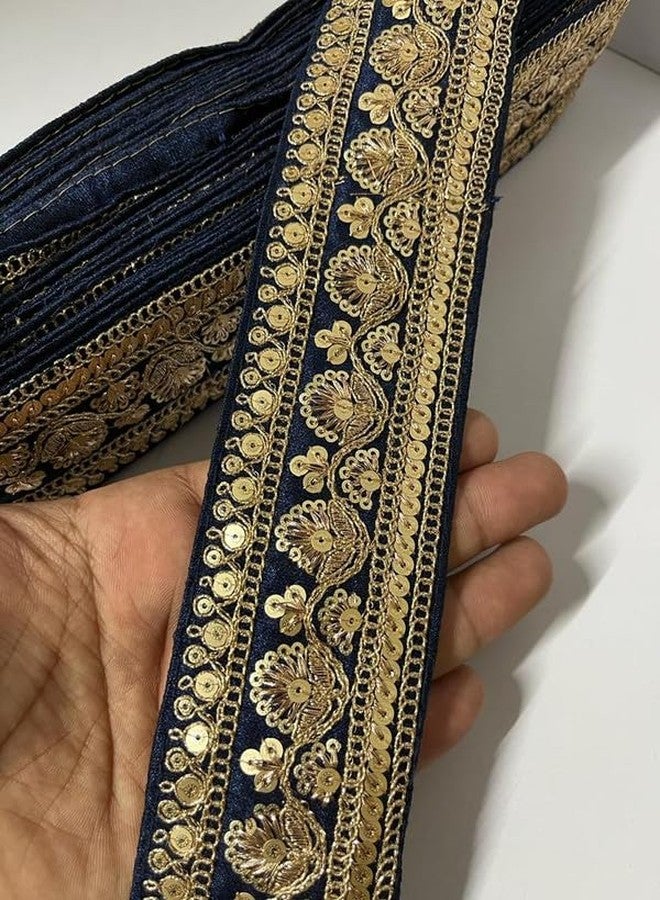 Gold Embroidered Laces and Border Saree Lace Border Duppata Lace Crafts Laces 2 Inch Wide 9 Meter Lace (Navy Blue)